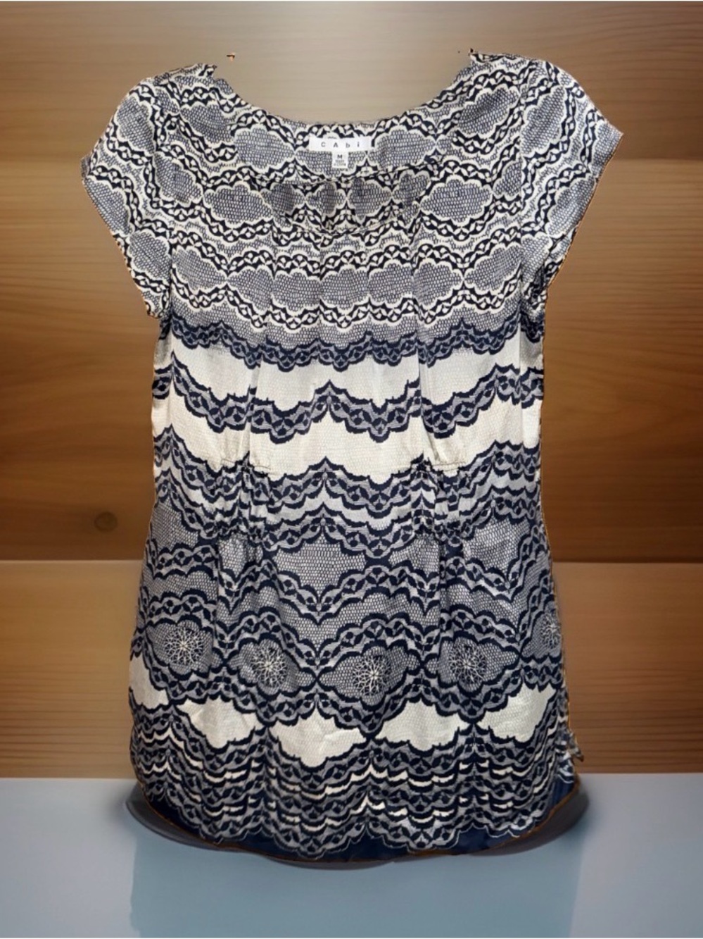 CAbi Navy & White Lace-Pattern Cap Sleeve Top